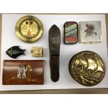 CARVED HARDWOOD BOX IN FORM OF A SHOE, BRASS LIDDED ROUNDEL BOX, CHINESE COMPASS CALENDAR,