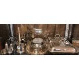 TRAY CONTAINING A PAIR OF RECTANGULAR ENTREE DISHES, COVERS, PLATED SPILL VASES, TOAST RACK,