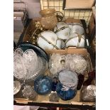 THREE BOXES OF BLUE AND COLOURED GLASSWARE, DECANTERS, LIGHT FITTINGS, ETC.