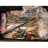 CARTON OF ASSORTED TOOLS INCLUDING G CLAMPS, PLIERS, BOXWOOD RULERS, ETC.