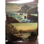 PAIR OF UNFRAMED OIL ON CANVAS OF COASTAL SEASCAPES BY M.C.