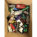 SMALL BOX OF PLAY WORN DIECAST MODEL CARS BY LESNEY, DINKY MECCANO RACING CAR MASERATI,