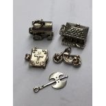 BAG OF FIVE SILVER CHARMS - ROMANY CARAVAN, MOTORCYCLE, COTTAGE,