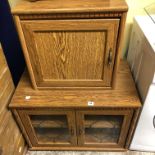 OAK EFFECT LEAD GLAZED MEDIA CABINET AND MATCHING CUPBOARD