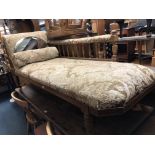 LATE VICTORIAN OAK SHOW FRAME CHAISE LOUNGE WITH BOLSTER CUSHION