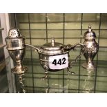 BIRMINGHAM SILVER MUSTARD POT BY DEAKIN AND FRANCES AND TWO BALUSTER PEPPERETTES
