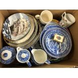 BOX CONTAINING BLUE AND WHITE WARE JUGS, COFFEE POT, PLATES, DECORATIVE PLATES, CORONATION MUG, ETC.