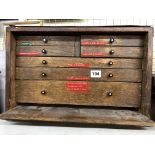 ENGINEERS WOODEN TOOL CHEST WITH DRAWERS CONTAINING TAPS, DIES, SCREWDRIVERS, FILES, ETC.