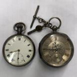 TWO SILVER CASED POCKET WATCHES ONE WITH T BAR AND KEY