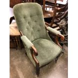 EARLY VICTORIAN MAHOGANY SCROLL ARM UPHOLSTERED READING ARMCHAIR