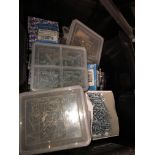 BLACK CRATE OF VARIOUS IRONMONGERY, SCREWS, WALL PLUGS, ETC.