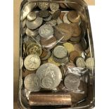TIN OF COINS GEORGE III CART WHEEL PENNY, HALF PENNIES, VARIOUS WORLD COINS, BAG OF US COINS,