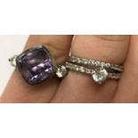 SILVER CZ SOLITAIRE RING WITH MATCHING ETERNITY BAND AND A SILVER AMETHYST AND CZ LOZENGE RING
