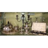 SHELF CONTAINING AN EPNS TEAPOT, CANDLE ARBRUM,