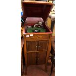 BEECH AND MARQUETRY CABINET WIND UP GRAMOPHONE