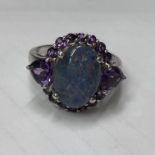 SILVER AMETHYST AND OVAL OPAL CLUSTER RING SIZE R/S