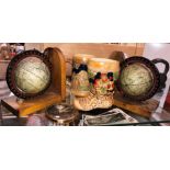 SHELF - TWO GLOBE BOOK ENDS, TANKARD AND STEIN,