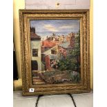 OIL ON CANVAS OF THE COASTAL TOWN SCAPE IN GILT FRAME