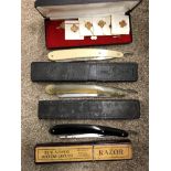 VINTAGE BARBERS RAZORS AND LAPEL BADGES