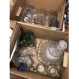TWO BOXES OF VARIOUS ETCHED AND PRESSED GLASSWARE, MINIATURE DECANTER, ETC.