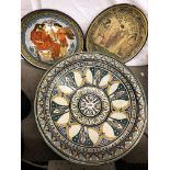 TWO GREEK CLASSICAL DECORATED PLATES AND LARGE MOORISH DECORATED SHALLOW BOWL