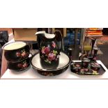 STAFFORDSHIRE BLACK ROSE PATTERNED WASH JUG AND BOWL,