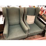 PAIR OF LATE VICTORIAN GREEN MOQUETTE UPHOLSTERED WING ARMCHAIRS