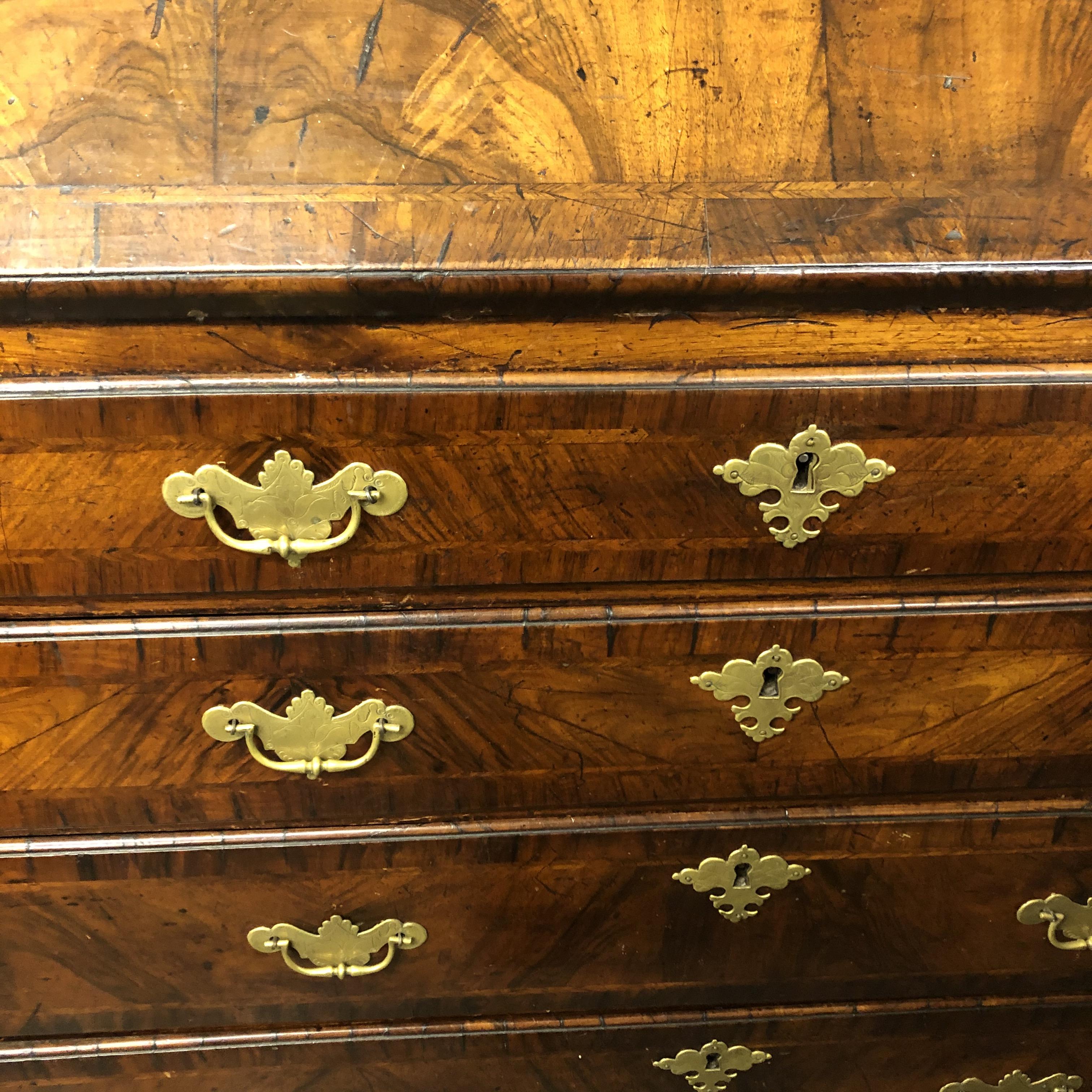 EARLY 18TH CENTURY WALNUT CROSSBANDED BUREAU, THE FALL ENCLOSING CENTRAL CUPBOARD, - Image 4 of 8