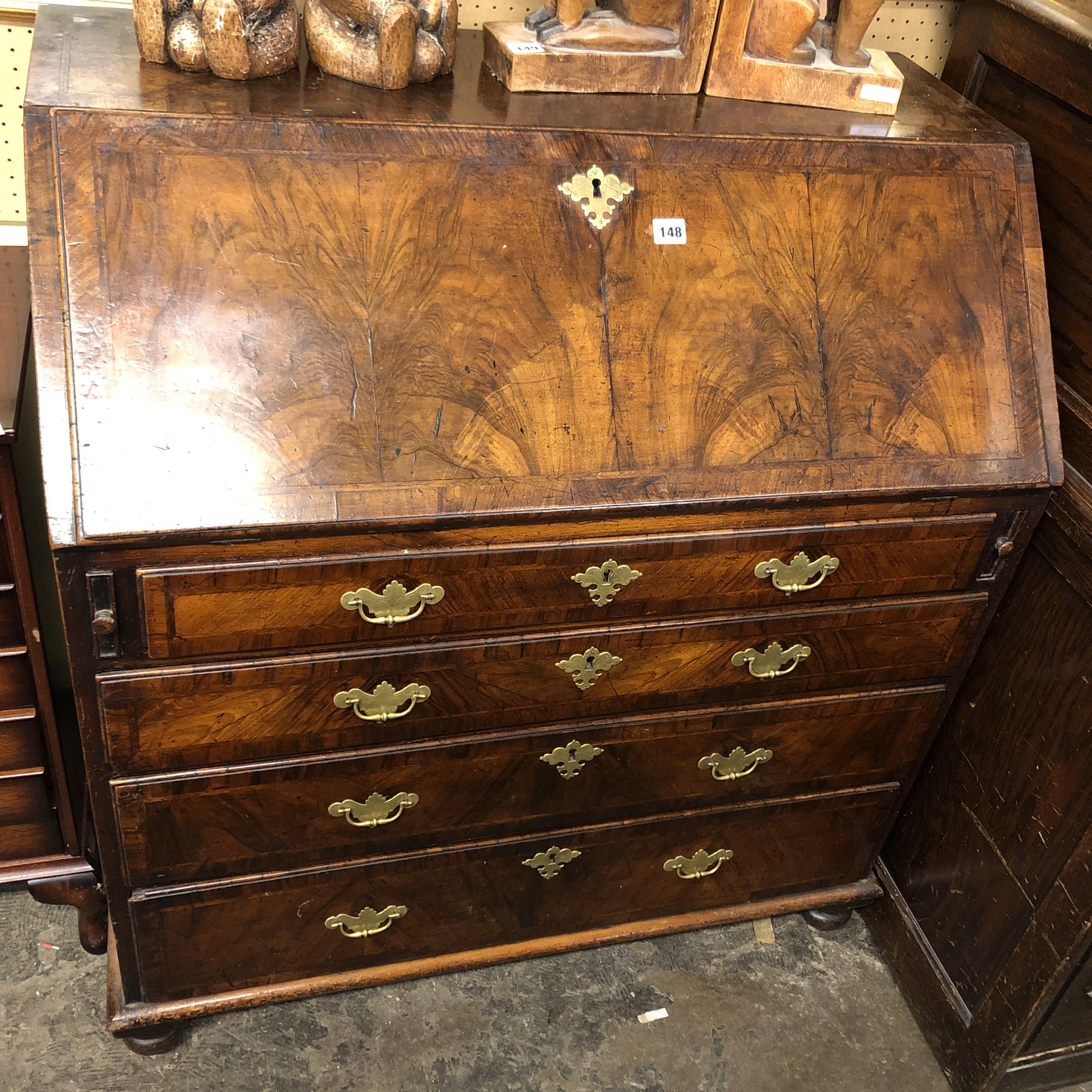 EARLY 18TH CENTURY WALNUT CROSSBANDED BUREAU, THE FALL ENCLOSING CENTRAL CUPBOARD, - Image 2 of 8