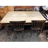VICTORIAN PINE SCRUB TOP FARMHOUSE KITCHEN TABLE WITH FOUR BEECH SLAT BACK DINING CHAIRS