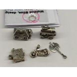 BAG OF FIVE SILVER CHARMS - ROMANY CARAVAN, MOTORCYCLE, COTTAGE,