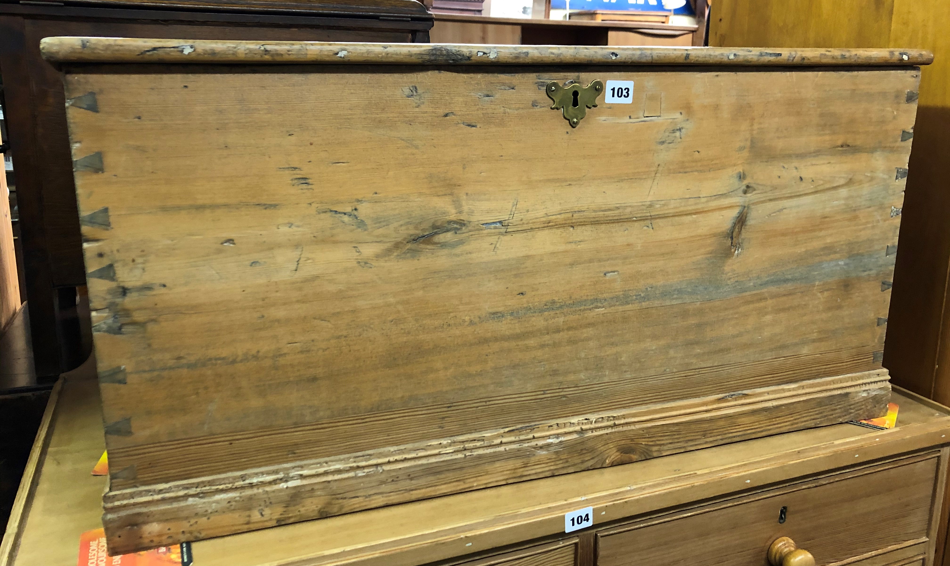 19TH CENTURY WAXED PINE BLANKET BOX WITH BRASS HANDLES