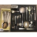 SMALL BOX OF EPNS CADDY SPOON, PICKLE FORKS,