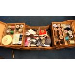 VINTAGE 1950S BEECH CANTILEVER SEWING BOX AND CONTENTS
