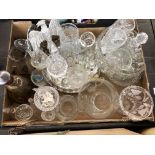 TWO BOXES CONTAINING ETCHED AND PRESSED GLASSWARES, MIRRORED GLASS TRAY, COCKEREL,