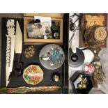 SHOEBOX OF ASSORTED BUTTONS AND BROOCHES, LETTER KNIVES,