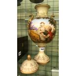 20TH CENTURY CREAM AND GILDED OVOID VASE AND COVER PAINTED WITH A BOUCHER SCENE