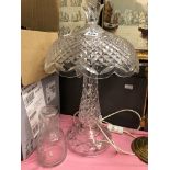 CUT GLASS TABLE LAMP AND ETCHED WATER CARAFE AND TUMBLER