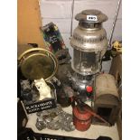 HURRICANE LAMP, VINTAGE OIL CAN DISPENSER, SERVING GONG,