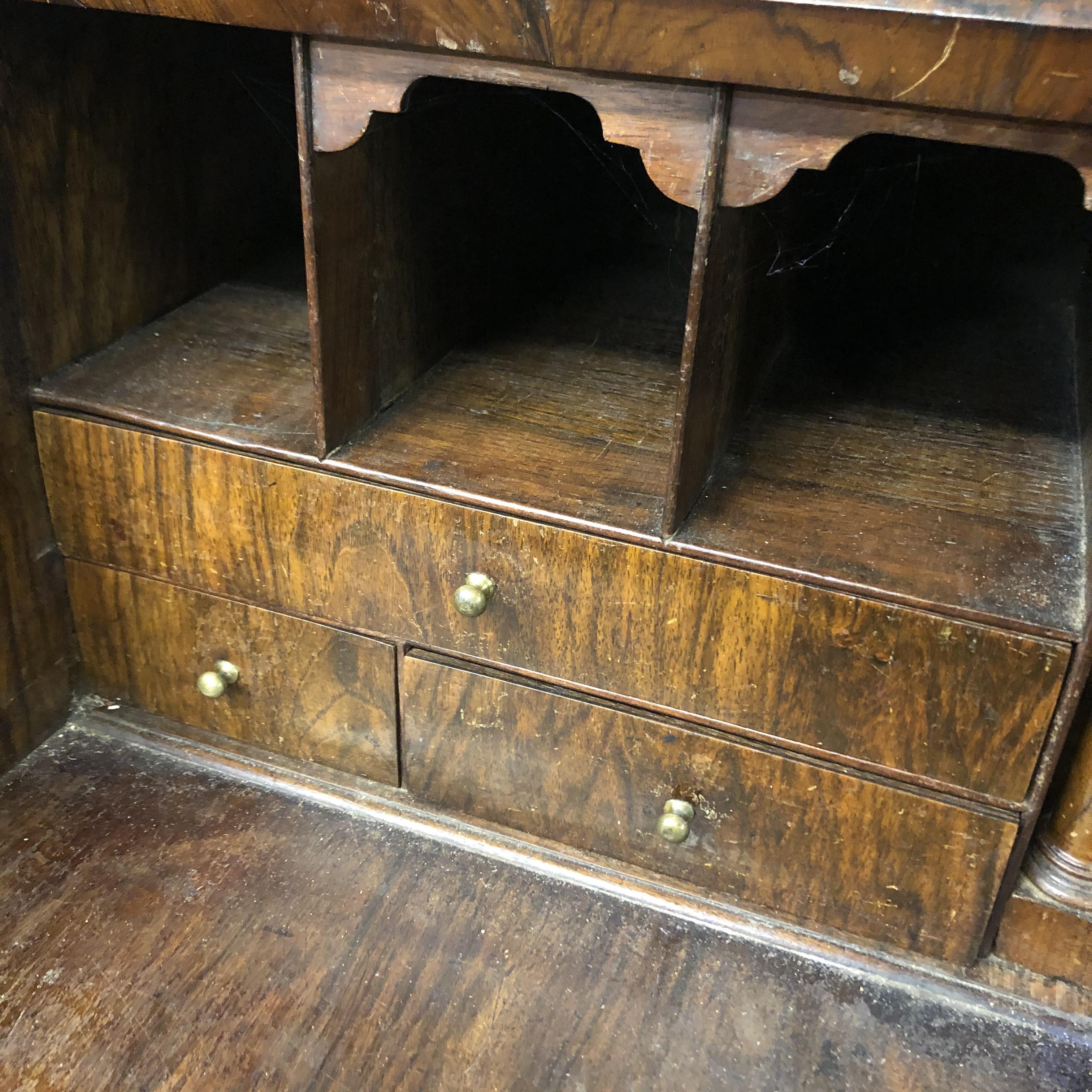 EARLY 18TH CENTURY WALNUT CROSSBANDED BUREAU, THE FALL ENCLOSING CENTRAL CUPBOARD, - Image 8 of 8