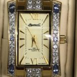 LADIES INGERSOLL GEMS TANZANITE GOLD PLATED QUARTZ DRESS WATCH WITH GUARANTEES