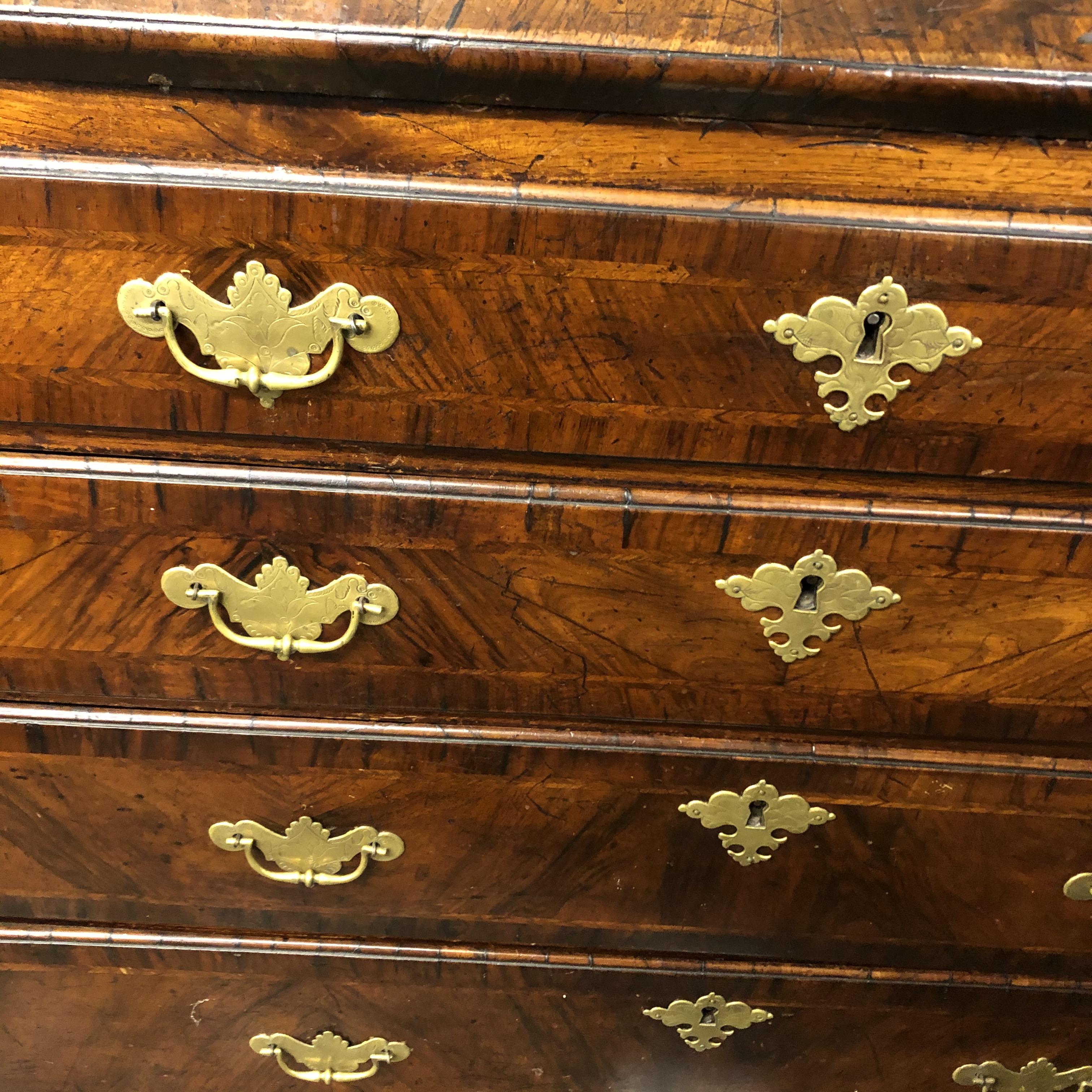 EARLY 18TH CENTURY WALNUT CROSSBANDED BUREAU, THE FALL ENCLOSING CENTRAL CUPBOARD, - Image 3 of 8