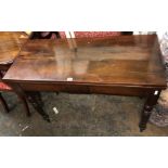 VICTORIAN MAHOGANY LONG FOLDOVER TOP TEA TABLE ON RING TURNED LEGS