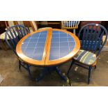 BLUE TILE TOPPED CIRCULAR PEDESTAL BREAKFAST TABLE AND THREE HOOP BACK CHAIRS