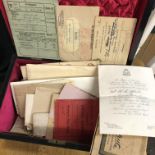 19TH CENTURY WALNUT BOX OF EPHEMERA INCLUDING 1946-47 EMPLOYMENT BOOK, CORRESPONDENCE,