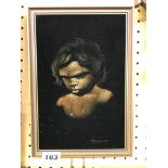 MURRAWIN PAINTING ON BLACK VELVET OF A CRYING ABORIGINAL CHILD 14CM X 23CM