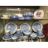 SHELF OF WEDGWOOD SUMMER SKY TEA SERVICE AND SHELF OF BLUE JASPERWARES