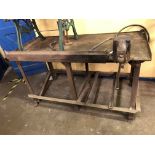 HEAVY DUTY WORKSHOP BENCH WITH ATTACHED ENGINEERS VICE AND PRESS