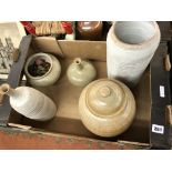 TWO CARTONS - STUDIO POTTERY THROWN CYLINDRICAL AND TAPERED VASES AND BOWLS,