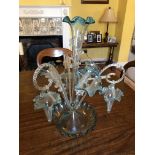 VICTORIAN TURQUOISE TINGED THREE BASKET GLASS EPERGNE A/F